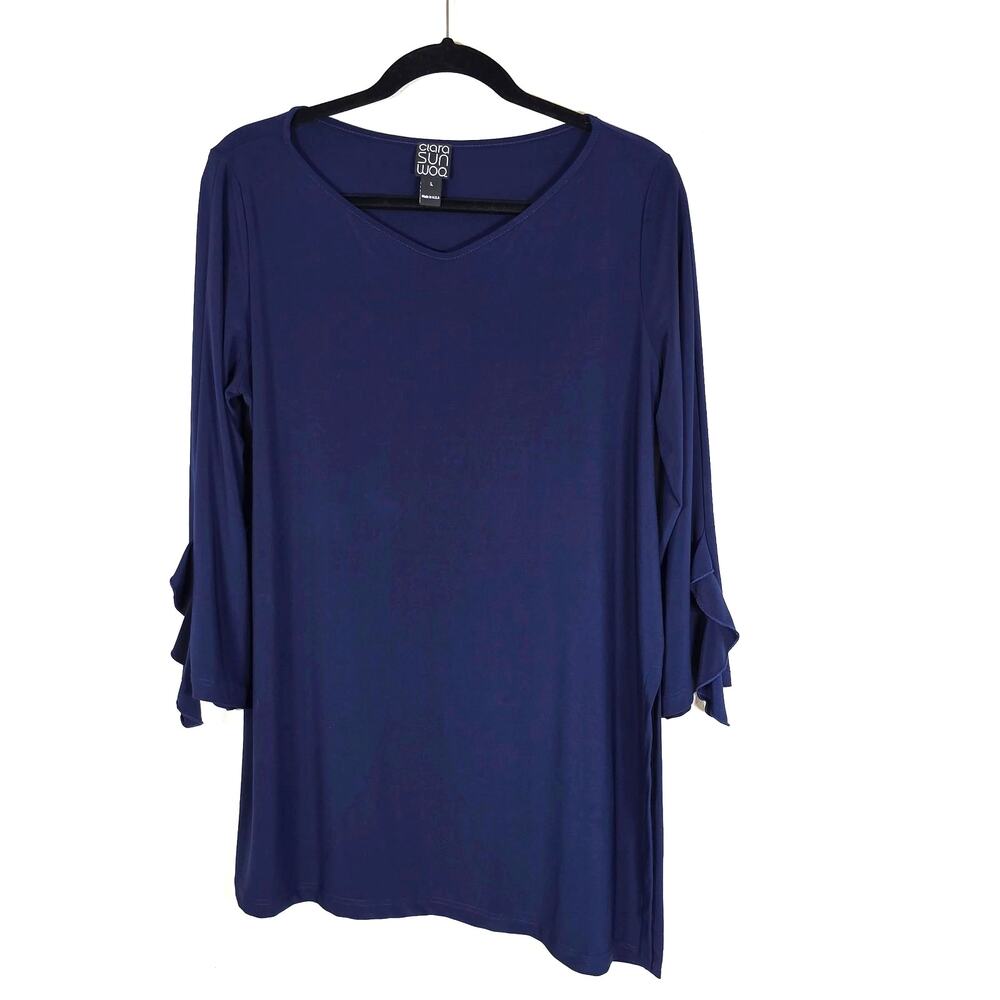 Clara Sun Woo Blouse Women's XL Blue Ruffle Sleeve Coastal Summer Party Comfort